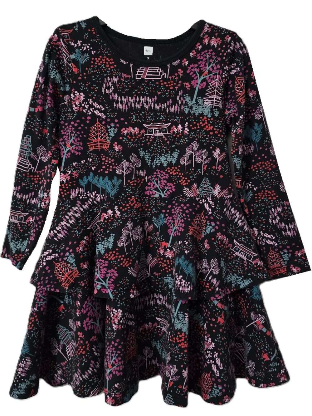 Tea Collection Tiered Cotton Dress 5 5T Asian Pagoda Tree Black Purple School